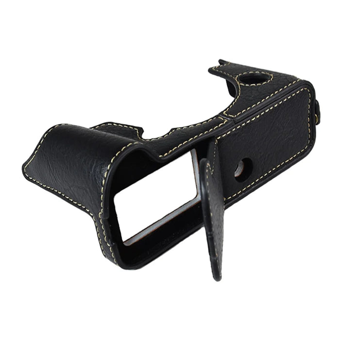 For Fujifilm X-T4/XT4 Stylish Textured PU Leather Camera Bottom Case Protective Half Body Cover with Battery Opening Design - Black - 1