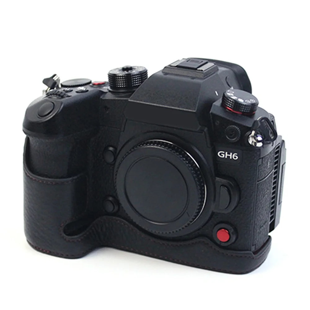 For Panasonic LUMIX GH6/DC-GH6GK Genuine Leather Camera Bottom Case Protective Half Body Cover with Battery Opening Design - Black - 1