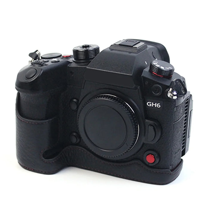 For Panasonic LUMIX GH6/DC-GH6GK Genuine Leather Camera Bottom Case Protective Half Body Cover with Battery Opening Design - Black - 1