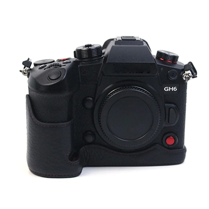 For Panasonic LUMIX GH6/DC-GH6GK Genuine Leather Camera Bottom Case Protective Half Body Cover with Battery Opening Design - Black - 2