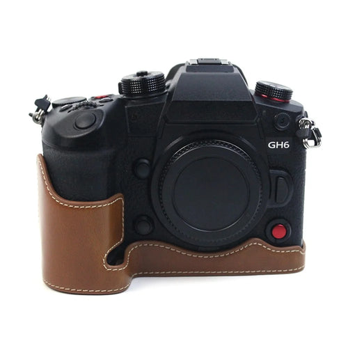 For Panasonic LUMIX GH6/DC-GH6GK Fashionable PU Leather Camera Bottom Case Battery Opening Design Protective Half Body Cover - Brown - 1