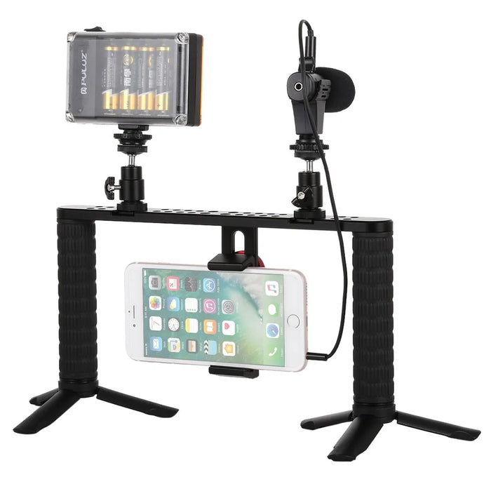 PULUZ PKT3024 4 in 1 Live Broadcast LED Selfie Light Smartphone Video Rig Handle Stabilizer Bracket Kits Microphone Tripod - 1