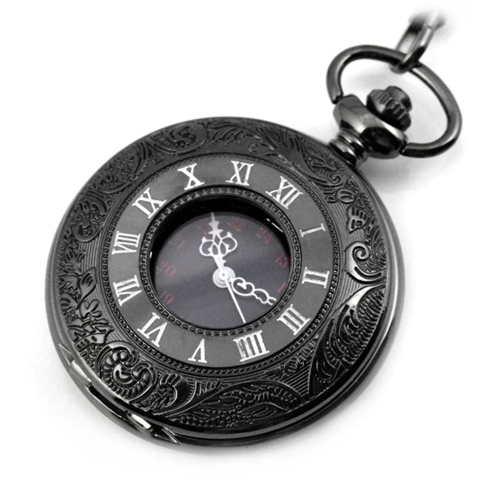 Retro Hollow-out Flip Pocket Watch Quartz Round Dial Watch with Chain - 37.5cm Standard Chain - 7