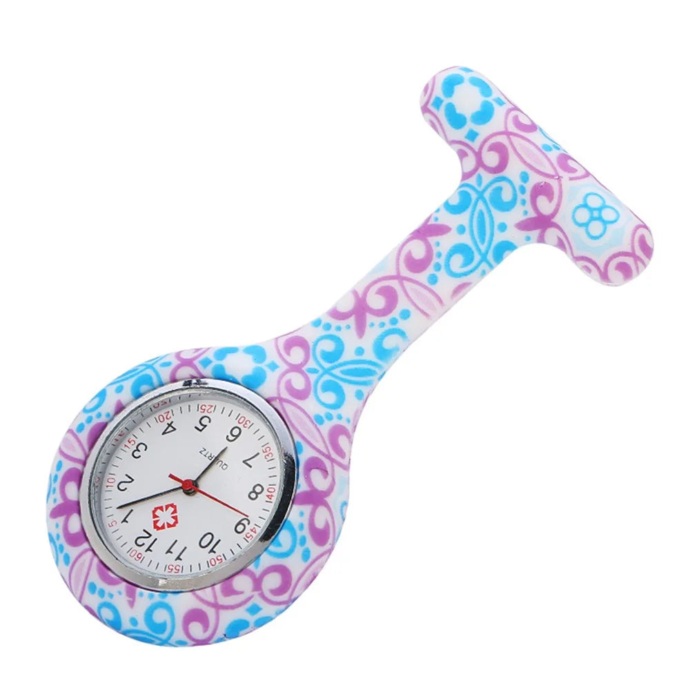 Pocket Silicone Stainless Clip Pin Nurse Fob Quartz Watch - Floral Pattern - 1