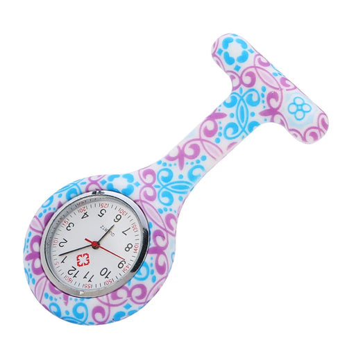 Pocket Silicone Stainless Clip Pin Nurse Fob Quartz Watch - Floral Pattern - 1
