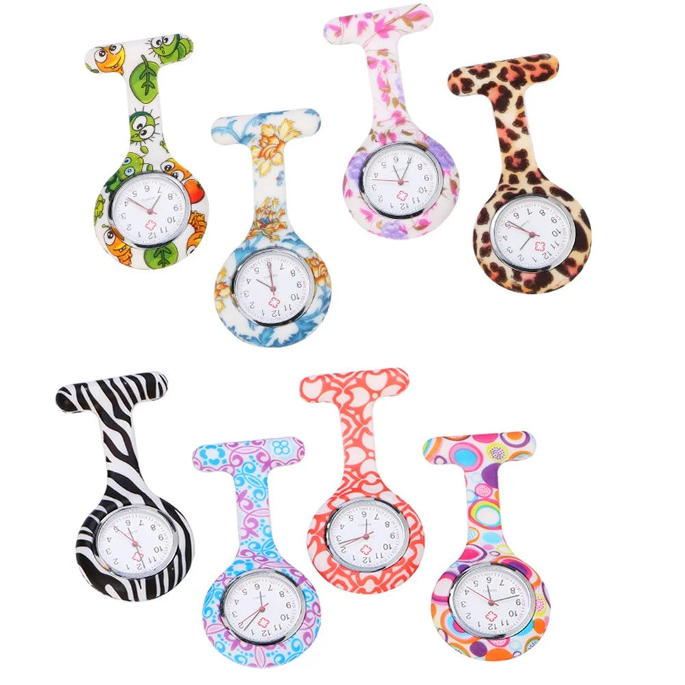 Pocket Silicone Stainless Clip Pin Nurse Fob Quartz Watch - Floral Pattern - 2