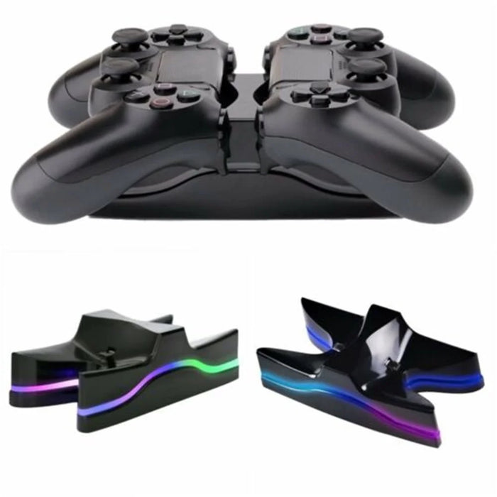 PS4 LED Light Controlled Dual Charger Station USB LED Charging Stand Dock - Black - 1