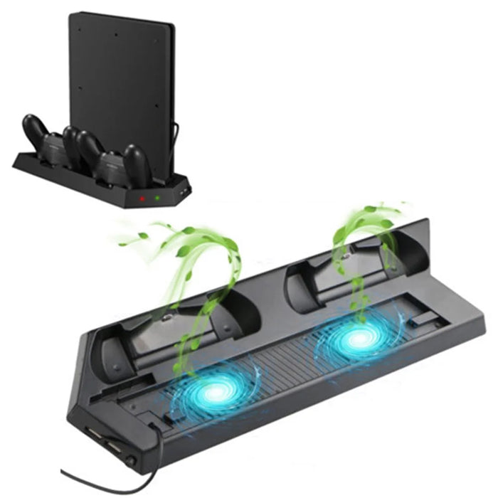 PS4 Console Ultra Thin Vertical Stand Charger with Dual Cooling Fan / 2 USB Charging Ports - Black - 1