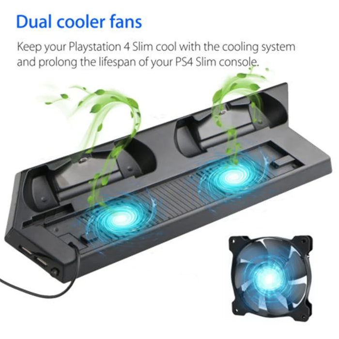 PS4 Console Ultra Thin Vertical Stand Charger with Dual Cooling Fan / 2 USB Charging Ports - Black - 2