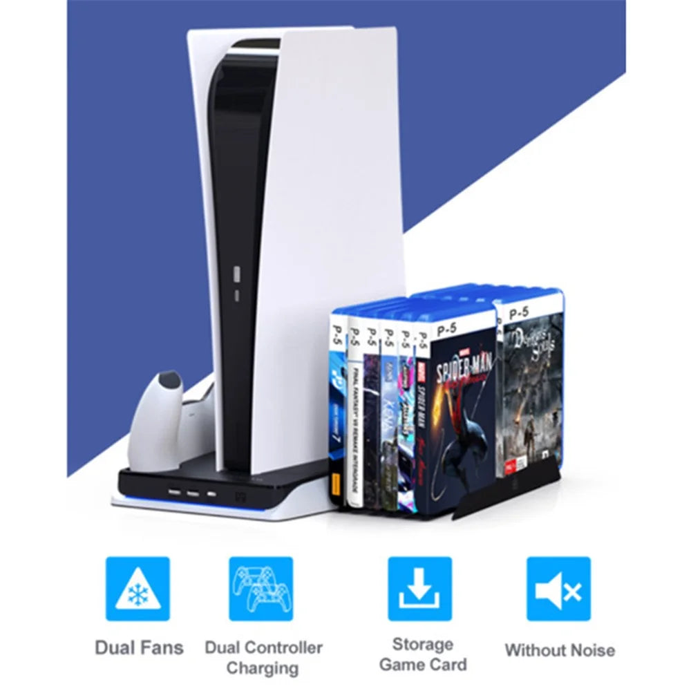 For PS5 Game Console Charging Base with Two Cooling Fan Game Disk Storage Holder - White - 2