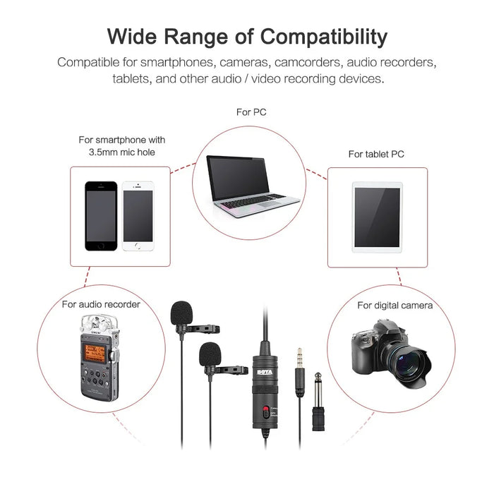 BOYA BY-M1DM Lavalier Microphone 4m Dual Omni-directional Clip-on Lapel Video Mic for iPhone Canon Nikon DSLR - 2