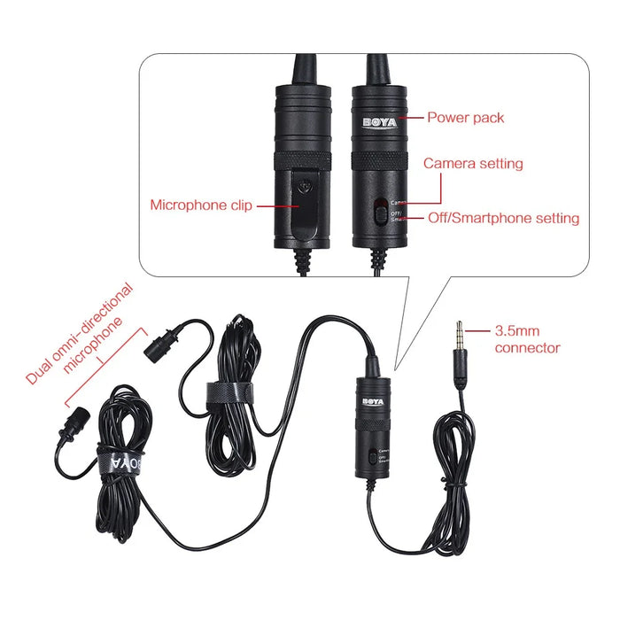 BOYA BY-M1DM Lavalier Microphone 4m Dual Omni-directional Clip-on Lapel Video Mic for iPhone Canon Nikon DSLR - 3