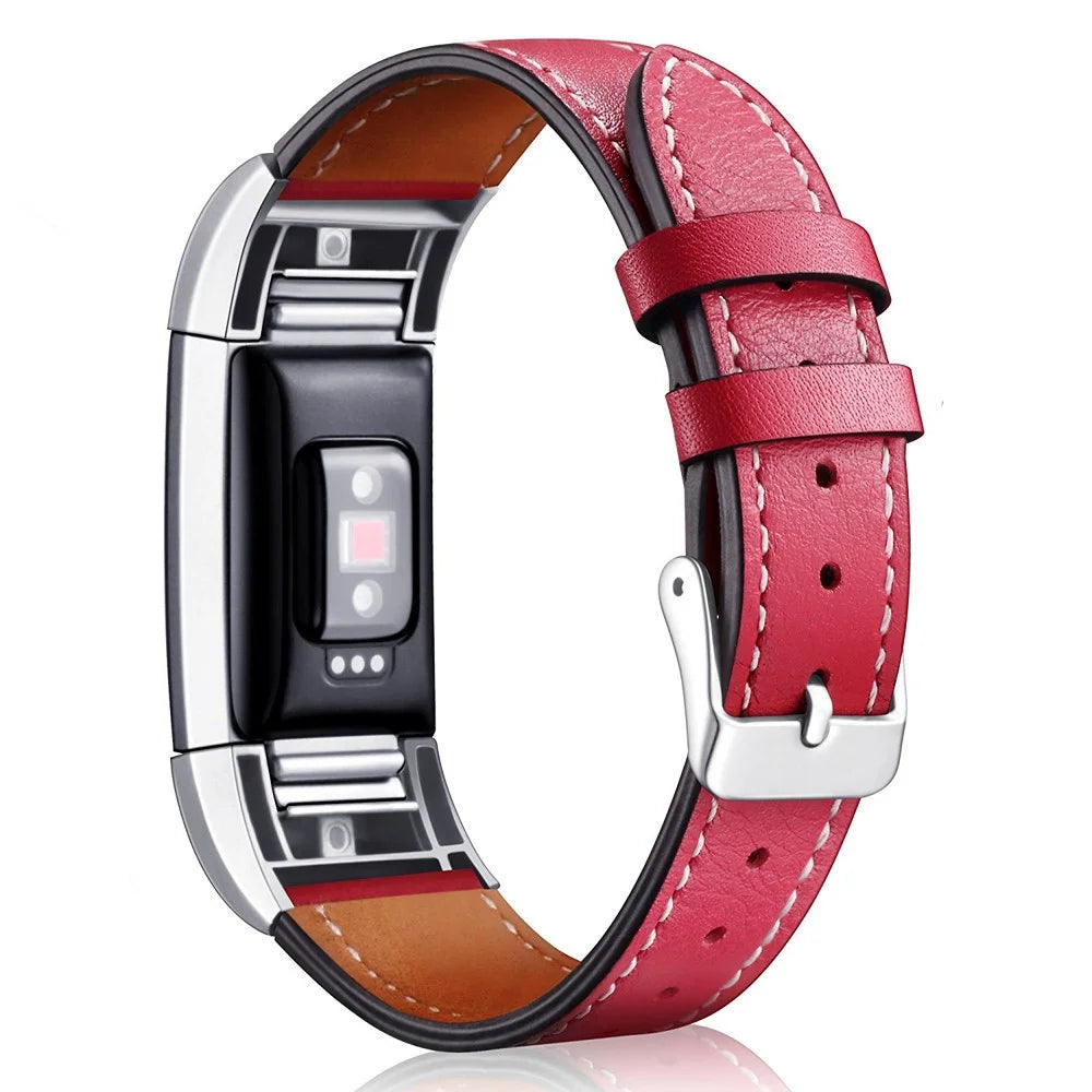 For Fitbit Charge 2 Genuine Leather Watch Band Replacement Wrist Strap Replacement - Red - 1