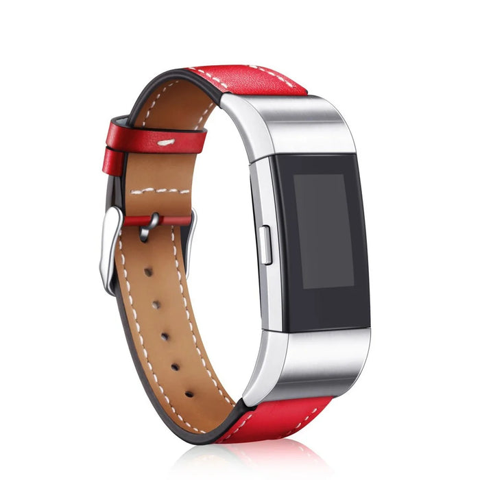 For Fitbit Charge 2 Genuine Leather Watch Band Replacement Wrist Strap Replacement - Red - 2