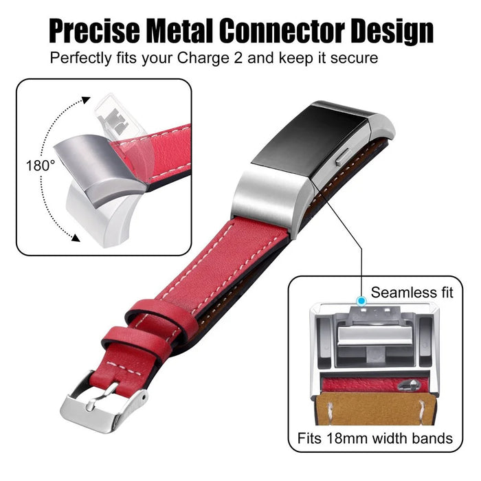 For Fitbit Charge 2 Genuine Leather Watch Band Replacement Wrist Strap Replacement - Red - 3