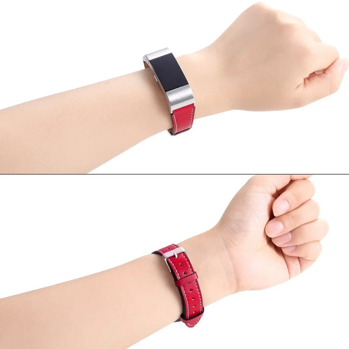 For Fitbit Charge 2 Genuine Leather Watch Band Replacement Wrist Strap Replacement - Red - 5