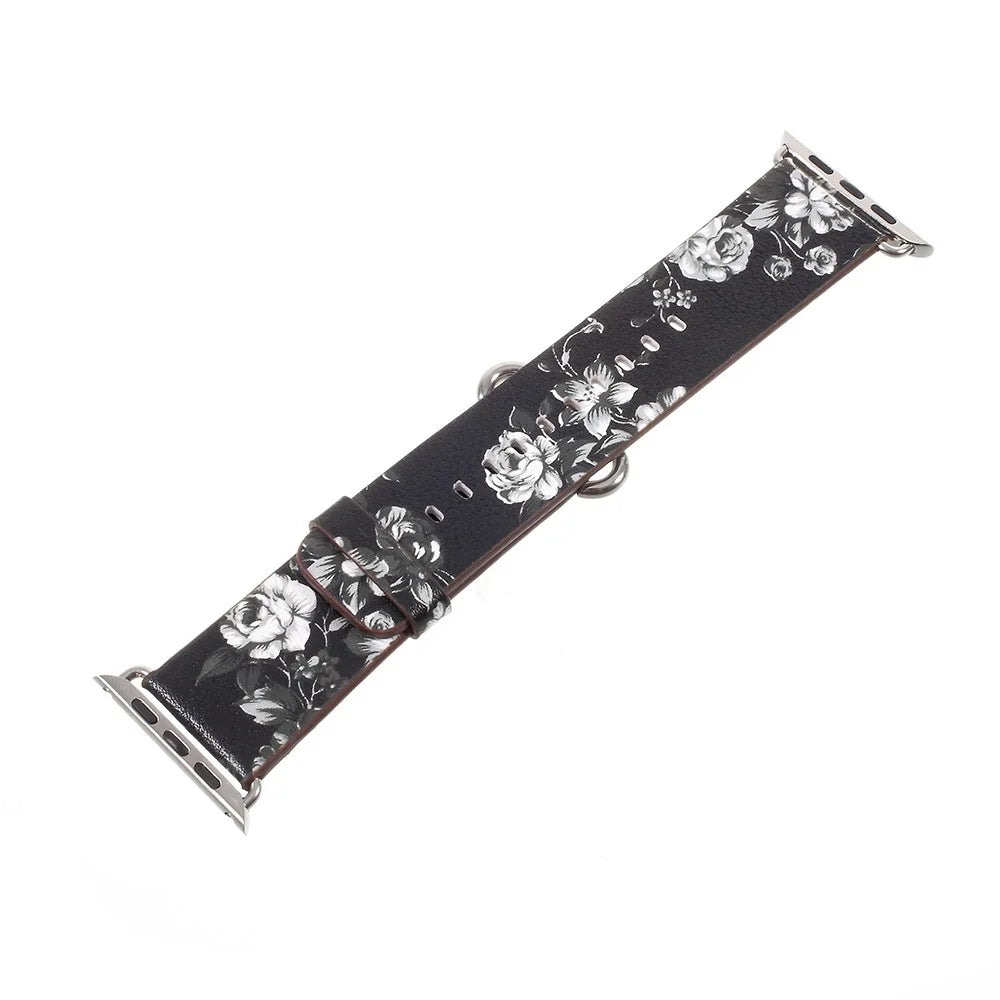 Flower Pattern PU Leather Wrist Watch Strap for Apple Watch Ultra 3 2 1 49mm / Series 11 10 46mm / 9 8 7 45mm / SE3 SE2 SE 6 5 4 44mm / 3 2 1 42mm - Black / Colorless Peonies - 1