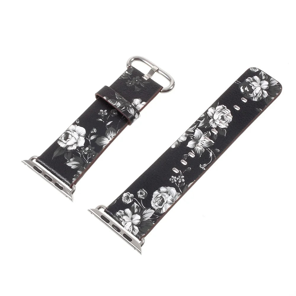 Flower Pattern PU Leather Wrist Watch Strap for Apple Watch Ultra 3 2 1 49mm / Series 11 10 46mm / 9 8 7 45mm / SE3 SE2 SE 6 5 4 44mm / 3 2 1 42mm - Black / Colorless Peonies - 2