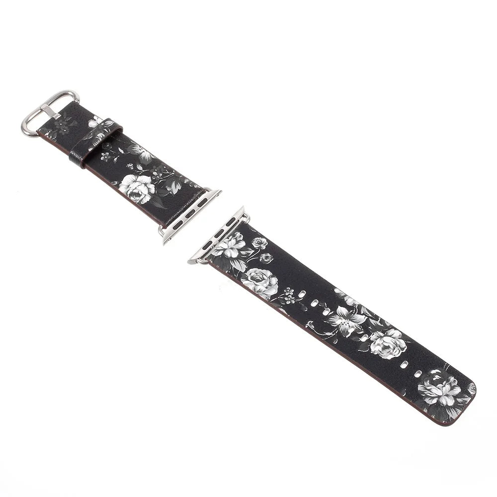 Flower Pattern PU Leather Wrist Watch Strap for Apple Watch Ultra 3 2 1 49mm / Series 11 10 46mm / 9 8 7 45mm / SE3 SE2 SE 6 5 4 44mm / 3 2 1 42mm - Black / Colorless Peonies - 3