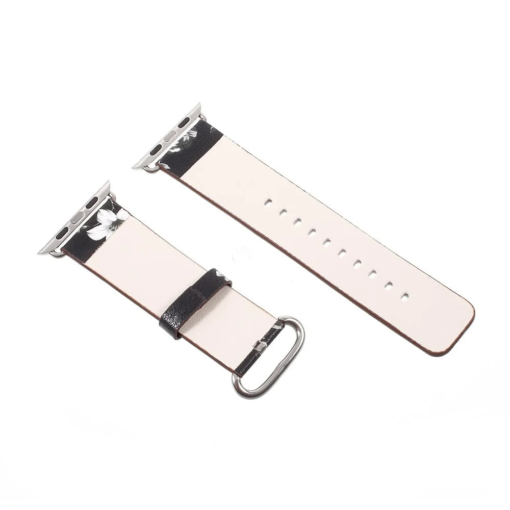Flower Pattern PU Leather Wrist Watch Strap for Apple Watch Ultra 3 2 1 49mm / Series 11 10 46mm / 9 8 7 45mm / SE3 SE2 SE 6 5 4 44mm / 3 2 1 42mm - Black / Colorless Peonies - 4