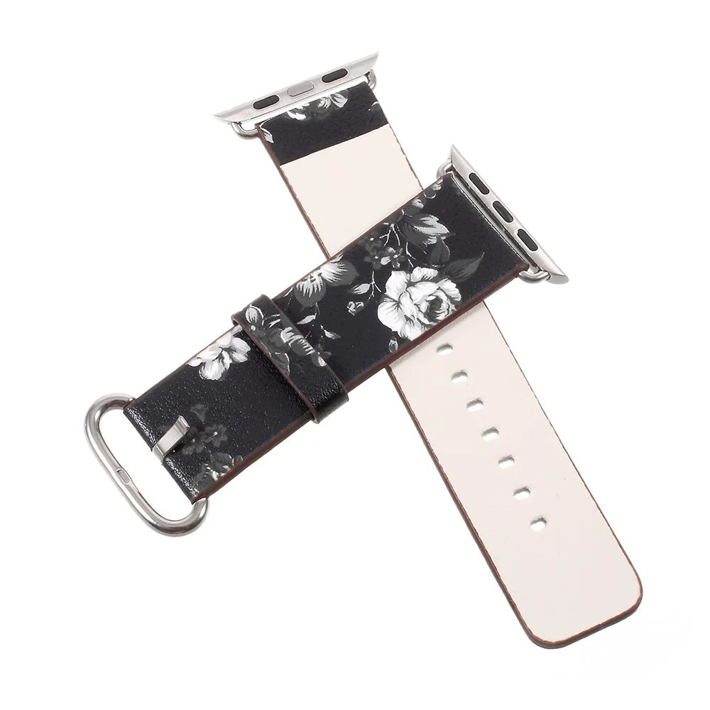 Flower Pattern PU Leather Wrist Watch Strap for Apple Watch Ultra 3 2 1 49mm / Series 11 10 46mm / 9 8 7 45mm / SE3 SE2 SE 6 5 4 44mm / 3 2 1 42mm - Black / Colorless Peonies - 5