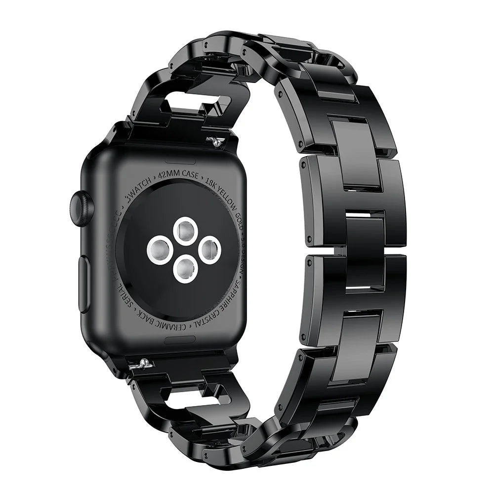 For Apple Watch Series 11 10 42mm / 9 8 7 41mm / SE3 SE2 SE 6 5 4 40mm / 3 2 1 38mm Rhinestones D Shaped Watchband Stainless Steel Watch Band - Black - 1