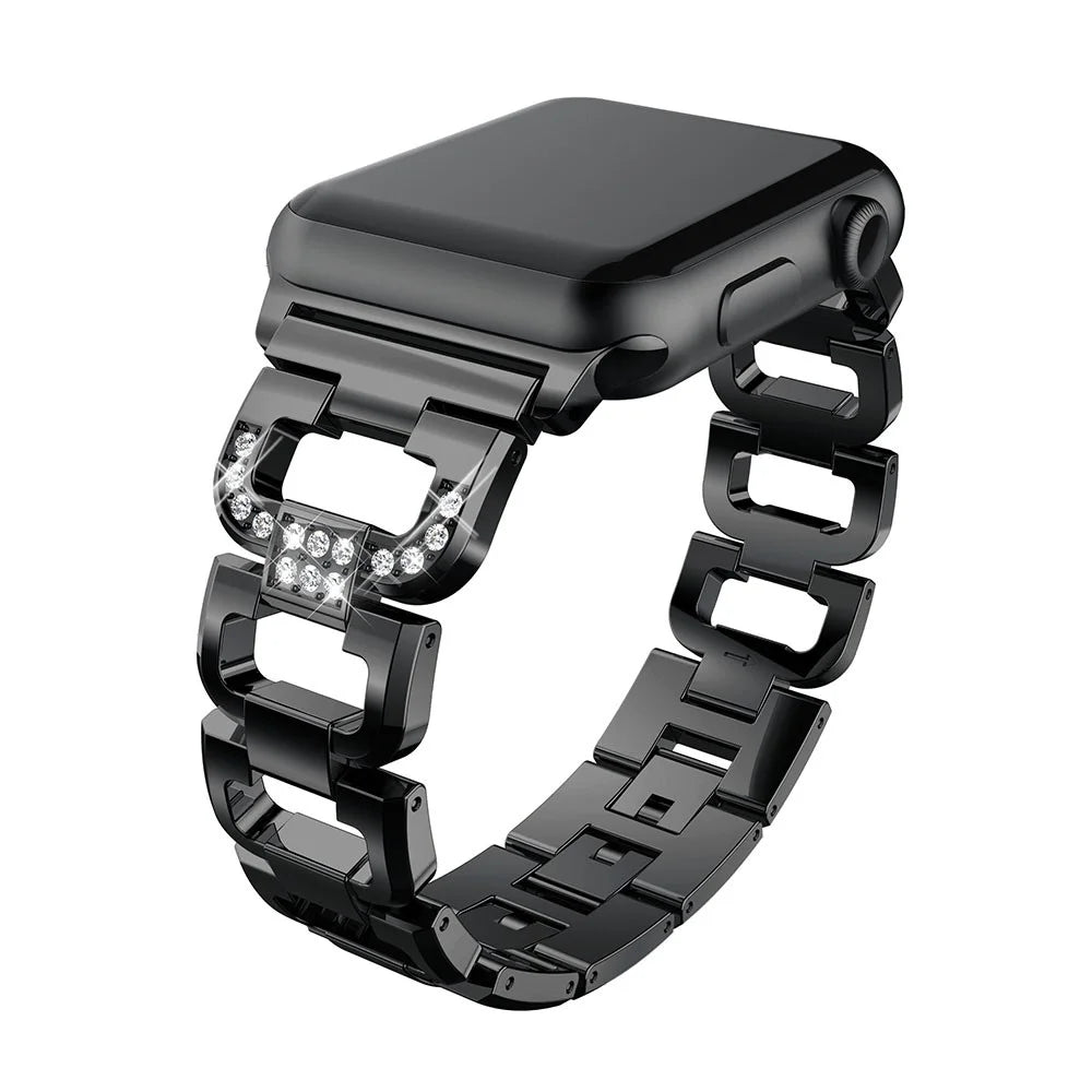 For Apple Watch Series 11 10 42mm / 9 8 7 41mm / SE3 SE2 SE 6 5 4 40mm / 3 2 1 38mm Rhinestones D Shaped Watchband Stainless Steel Watch Band - Black - 2
