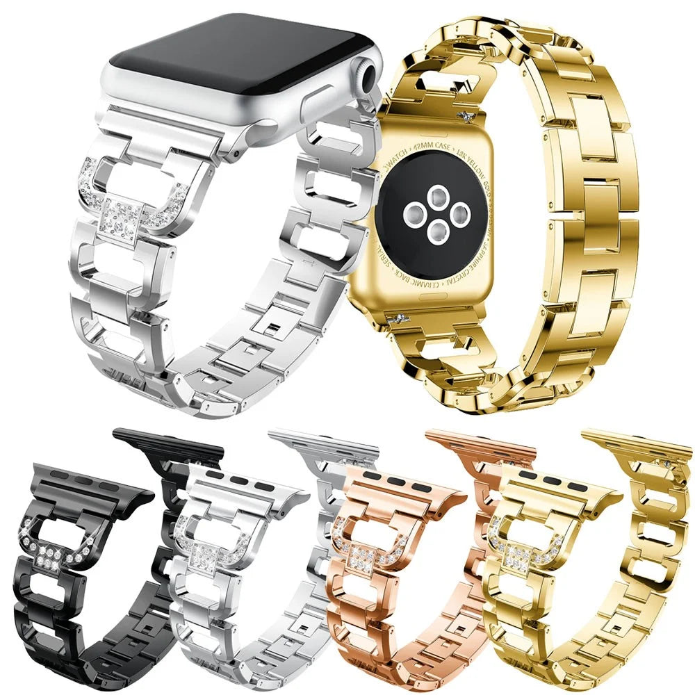 For Apple Watch Series 11 10 42mm / 9 8 7 41mm / SE3 SE2 SE 6 5 4 40mm / 3 2 1 38mm Rhinestones D Shaped Watchband Stainless Steel Watch Band - Black - 6