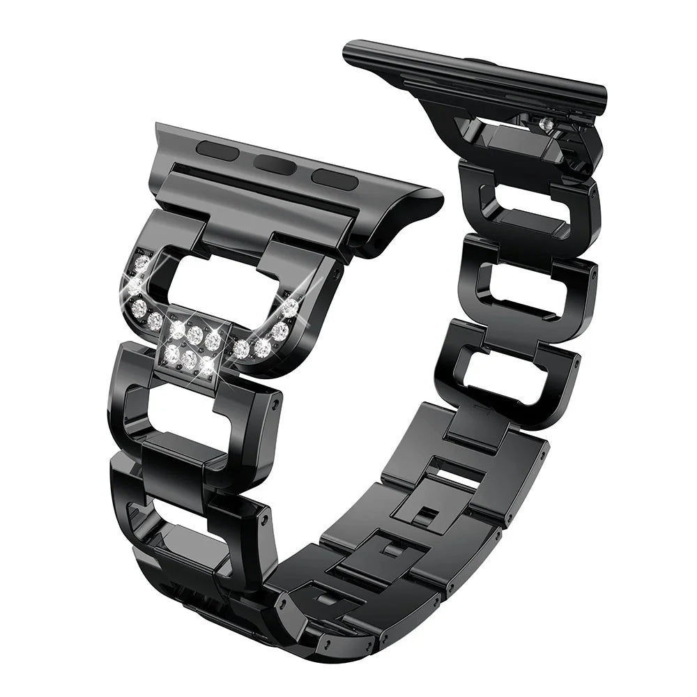 For Apple Watch Ultra 3 2 1 49mm / Series 11 10 46mm / 9 8 7 45mm / SE3 SE2 SE 6 5 4 44mm / 3 2 1 42mm Rhinestone Decor Watch Strap D Shaped Stainless Steel Watch Band - Black - 1