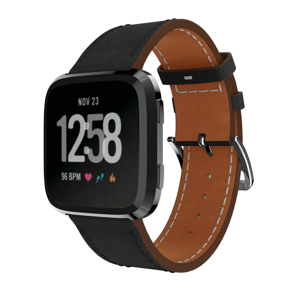 23mm Genuine Leather Wrist Strap for Fitbit Versa, Adjustable Replacement Watch Band - Black - 2