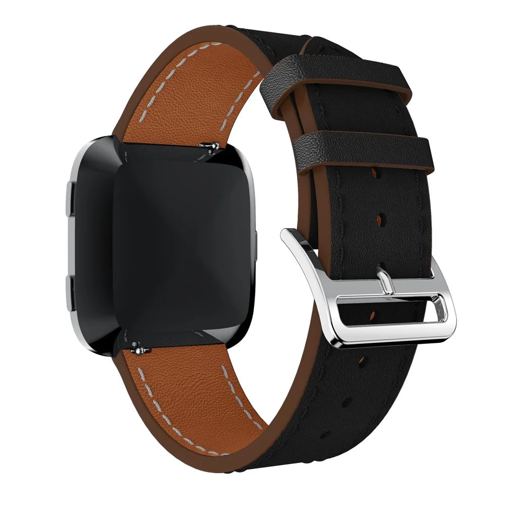 23mm Genuine Leather Wrist Strap for Fitbit Versa, Adjustable Replacement Watch Band - Black - 3