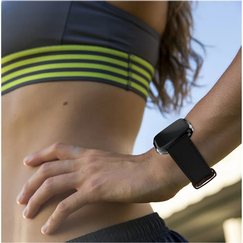23mm Genuine Leather Wrist Strap for Fitbit Versa, Adjustable Replacement Watch Band - Black - 4