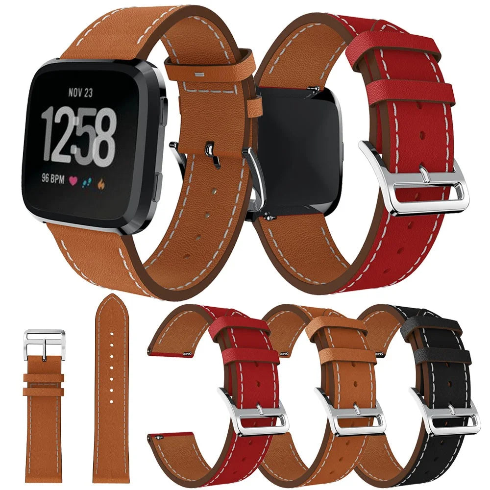 23mm Genuine Leather Wrist Strap for Fitbit Versa, Adjustable Replacement Watch Band - Black - 6