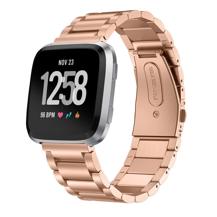Solid Stainless Steel Watch Band for Fitbit Versa, Three-bead Wrist Strap Replacement - Rose Gold - 5