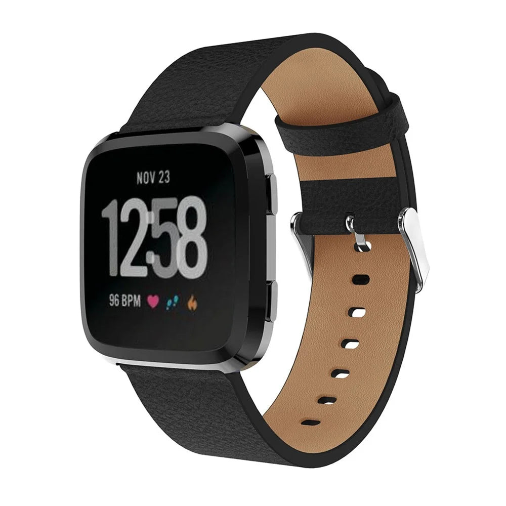 For Fitbit Versa Litchi Texture Genuine Leather Watch Band Strap Replacement, Length: 115 + 85mm - Black - 2