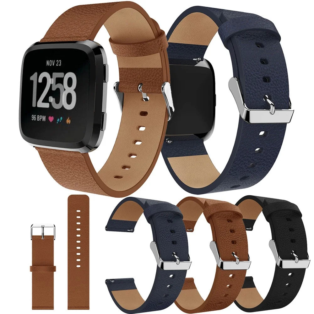 For Fitbit Versa Litchi Texture Genuine Leather Watch Band Strap Replacement, Length: 115 + 85mm - Black - 6