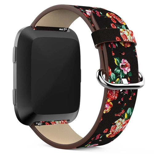 For Fitbit Versa Peony Pattern Genuine Leather Watch Strap Adjustable Wrist Band, Length: 122 + 83mm - Black Background Red Peony - 1