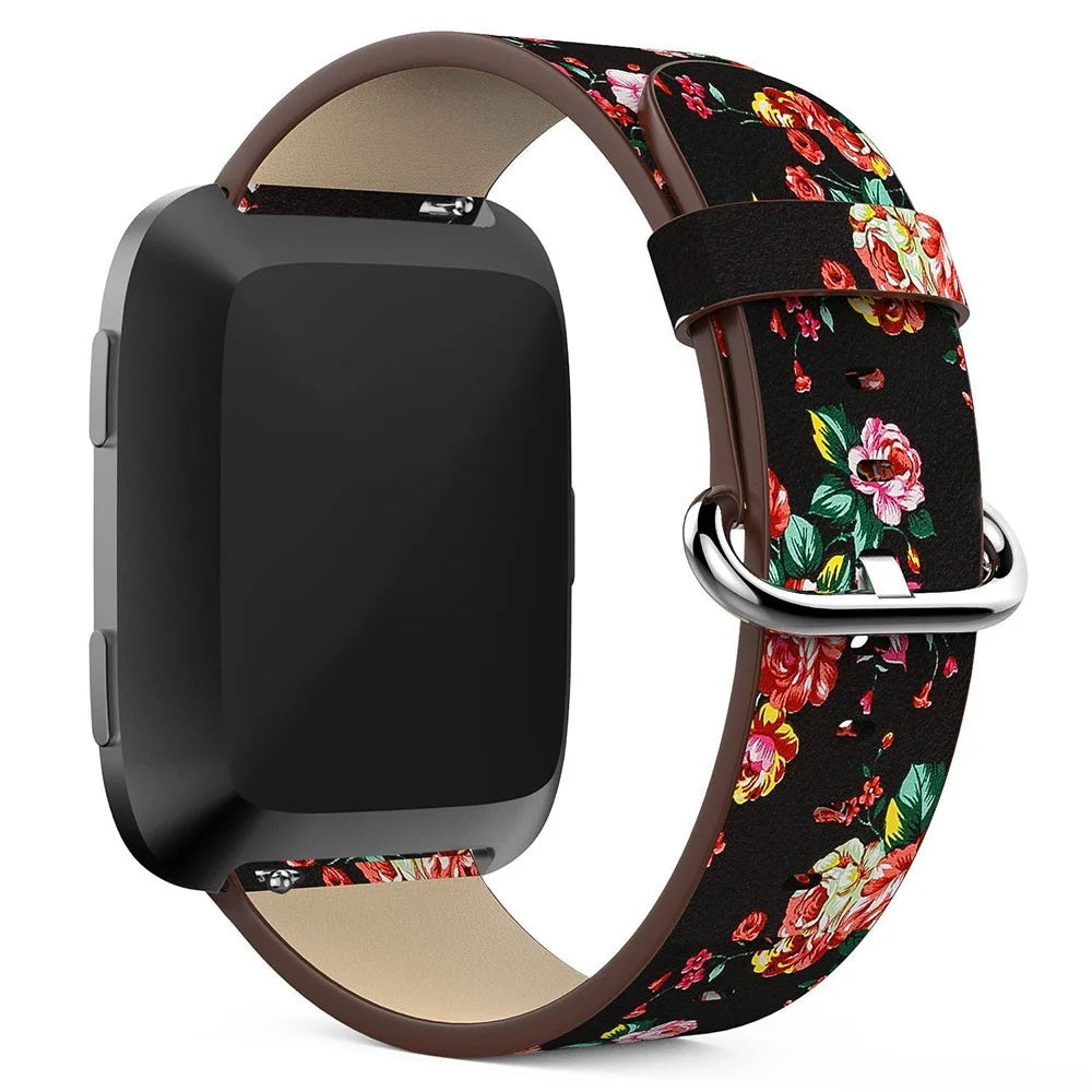 For Fitbit Versa Peony Pattern Genuine Leather Watch Strap Adjustable Wrist Band, Length: 122 + 83mm - Black Background Red Peony - 1