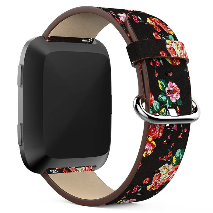 For Fitbit Versa Peony Pattern Genuine Leather Watch Strap Adjustable Wrist Band, Length: 122 + 83mm - Black Background Red Peony - 1