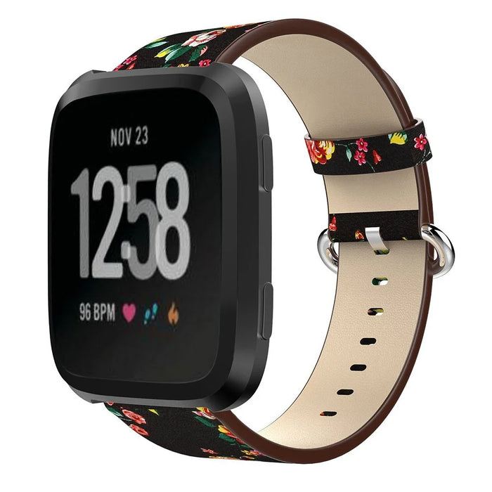 For Fitbit Versa Peony Pattern Genuine Leather Watch Strap Adjustable Wrist Band, Length: 122 + 83mm - Black Background Red Peony - 2