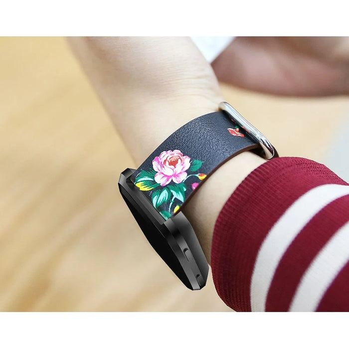 For Fitbit Versa Peony Pattern Genuine Leather Watch Strap Adjustable Wrist Band, Length: 122 + 83mm - Black Background Red Peony - 5