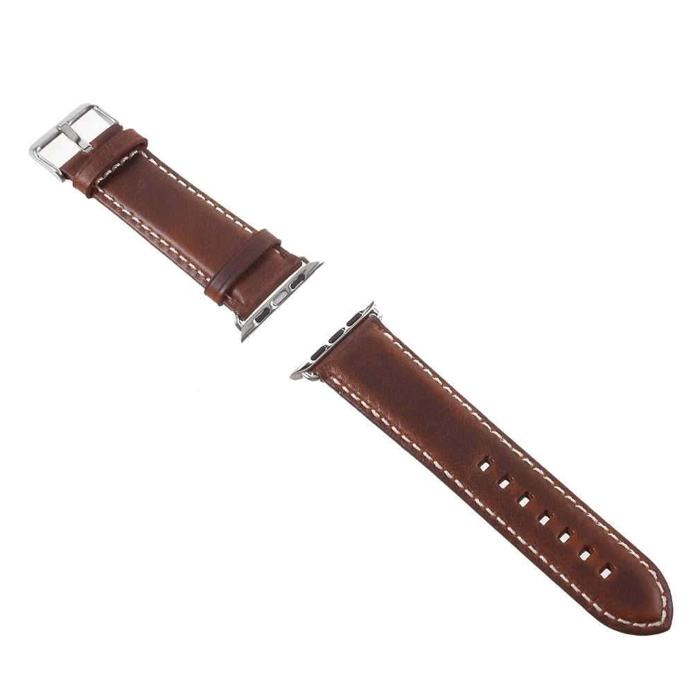 Vintage Oil Wax Genuine Leather Replacement Watchband for Apple Watch Series 9 8 7 41mm / SE3 SE2 SE 6 5 4 40mm / 3 2 1 38mm - Brown - 2