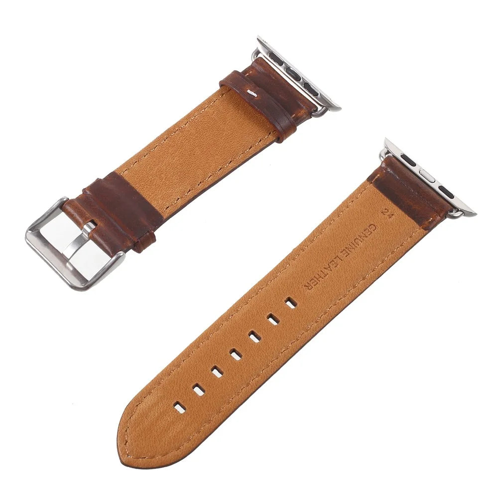 Vintage Oil Wax Genuine Leather Replacement Watchband for Apple Watch Series 9 8 7 41mm / SE3 SE2 SE 6 5 4 40mm / 3 2 1 38mm - Brown - 4