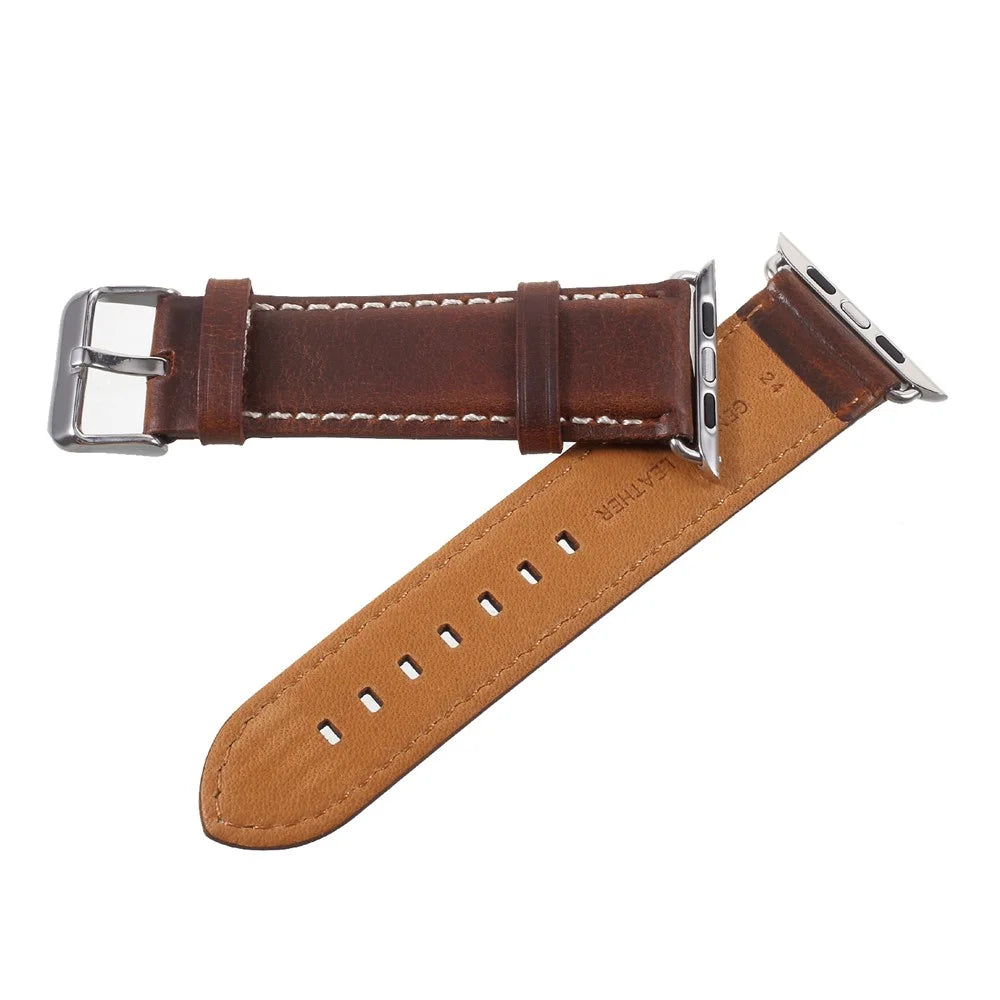 Vintage Oil Wax Genuine Leather Replacement Watchband for Apple Watch Series 9 8 7 41mm / SE3 SE2 SE 6 5 4 40mm / 3 2 1 38mm - Brown - 5