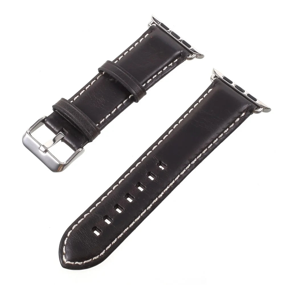 For Apple Watch Ultra 3 2 1 49mm / Series 11 10 46mm / 9 8 7 45mm / SE3 SE2 SE 6 5 4 44mm / 3 2 1 42mm Vintage Oil Wax Genuine Leather Watch Band - Black - 1