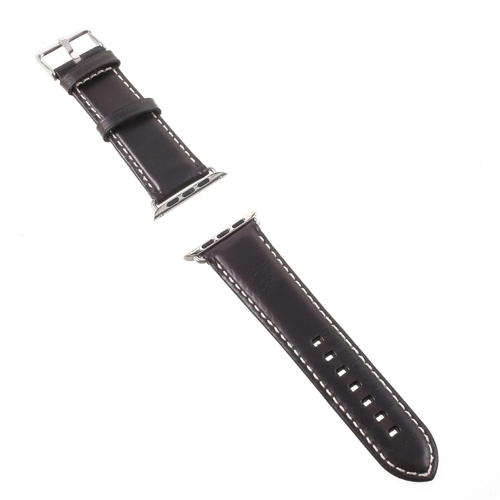 For Apple Watch Ultra 3 2 1 49mm / Series 11 10 46mm / 9 8 7 45mm / SE3 SE2 SE 6 5 4 44mm / 3 2 1 42mm Vintage Oil Wax Genuine Leather Watch Band - Black - 2