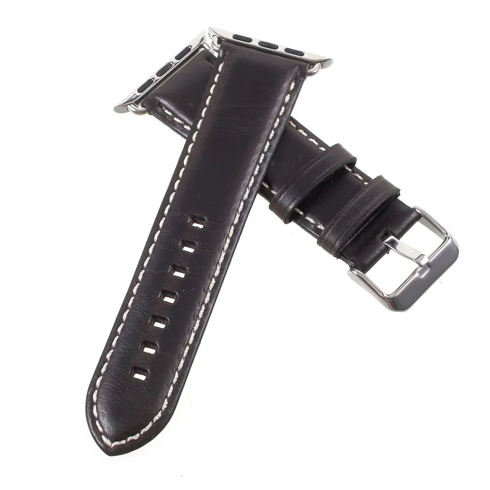 For Apple Watch Ultra 3 2 1 49mm / Series 11 10 46mm / 9 8 7 45mm / SE3 SE2 SE 6 5 4 44mm / 3 2 1 42mm Vintage Oil Wax Genuine Leather Watch Band - Black - 4