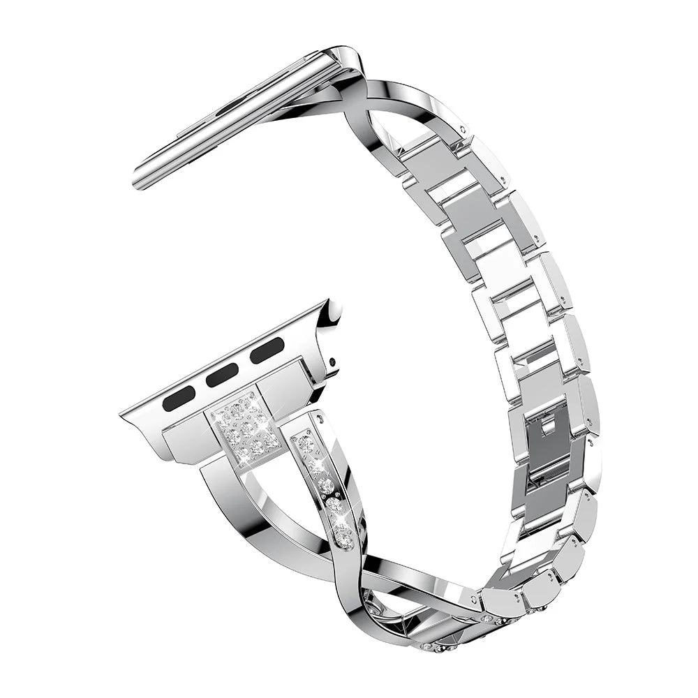 For Apple Watch Ultra 3 2 1 49mm / Series 11 10 46mm / 9 8 7 45mm / SE3 SE2 SE 6 5 4 44mm / 3 2 1 42mm X-Shape Rhinestone Decor Alloy Watch Band Wrist Strap Replacement - Silver - 1