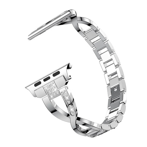 For Apple Watch Ultra 3 2 1 49mm / Series 11 10 46mm / 9 8 7 45mm / SE3 SE2 SE 6 5 4 44mm / 3 2 1 42mm X-Shape Rhinestone Decor Alloy Watch Band Wrist Strap Replacement - Silver - 1