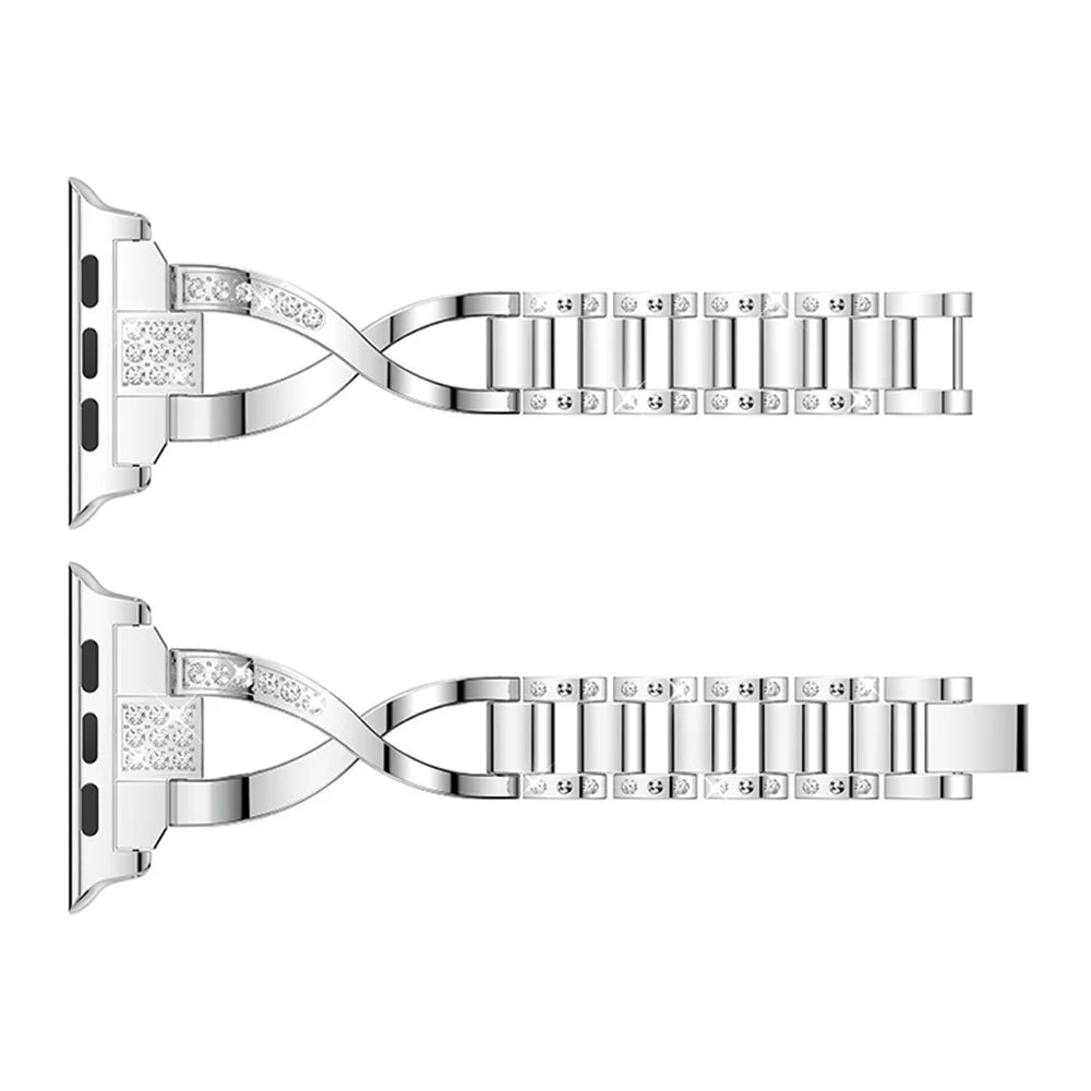 For Apple Watch Ultra 3 2 1 49mm / Series 11 10 46mm / 9 8 7 45mm / SE3 SE2 SE 6 5 4 44mm / 3 2 1 42mm X-Shape Rhinestone Decor Alloy Watch Band Wrist Strap Replacement - Silver - 2